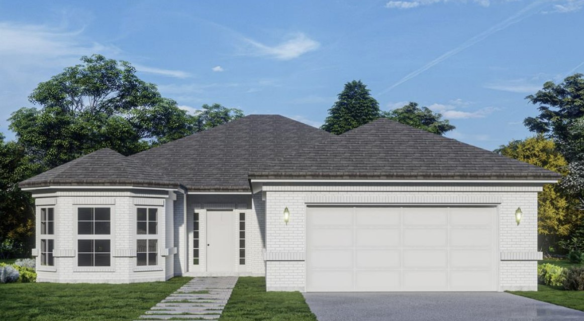 A rendering of a white, single-family with a garage. 8110 James Franklin Street, Houston, TX.